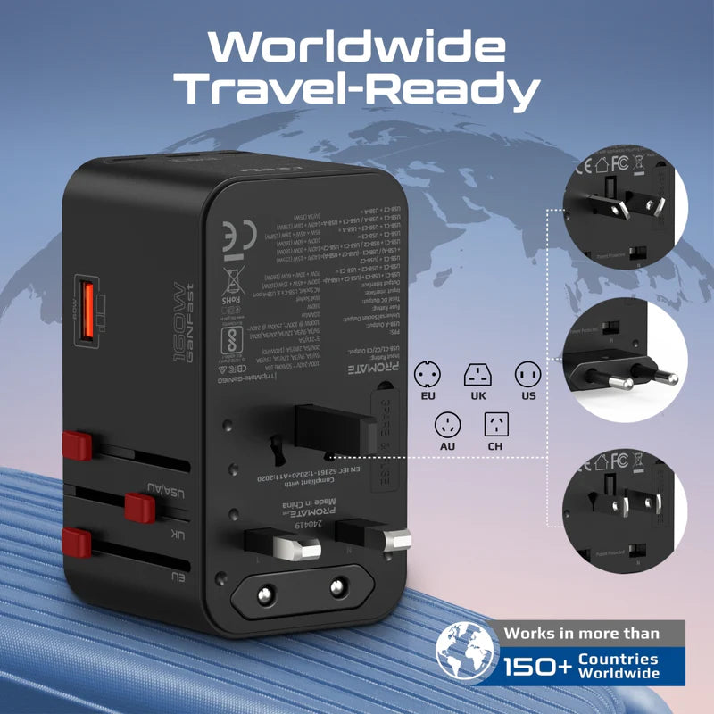 Promate TripMate-GaN160 160W Multi-Port Travel Adapter
