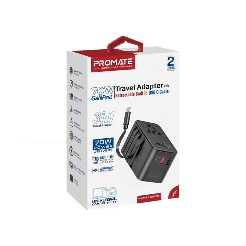 Promate TripMate-GaN70R 70W GaN Travel Adapter with Retractable Built-in USB-C Cable