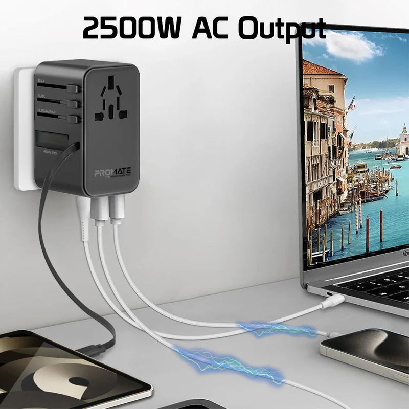 Promate TripMate-GaN70R 70W GaN Travel Adapter with Retractable Built-in USB-C Cable