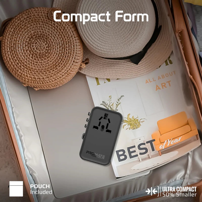 Promate TripMate-GaN70R 70W GaN Travel Adapter with Retractable Built-in USB-C Cable