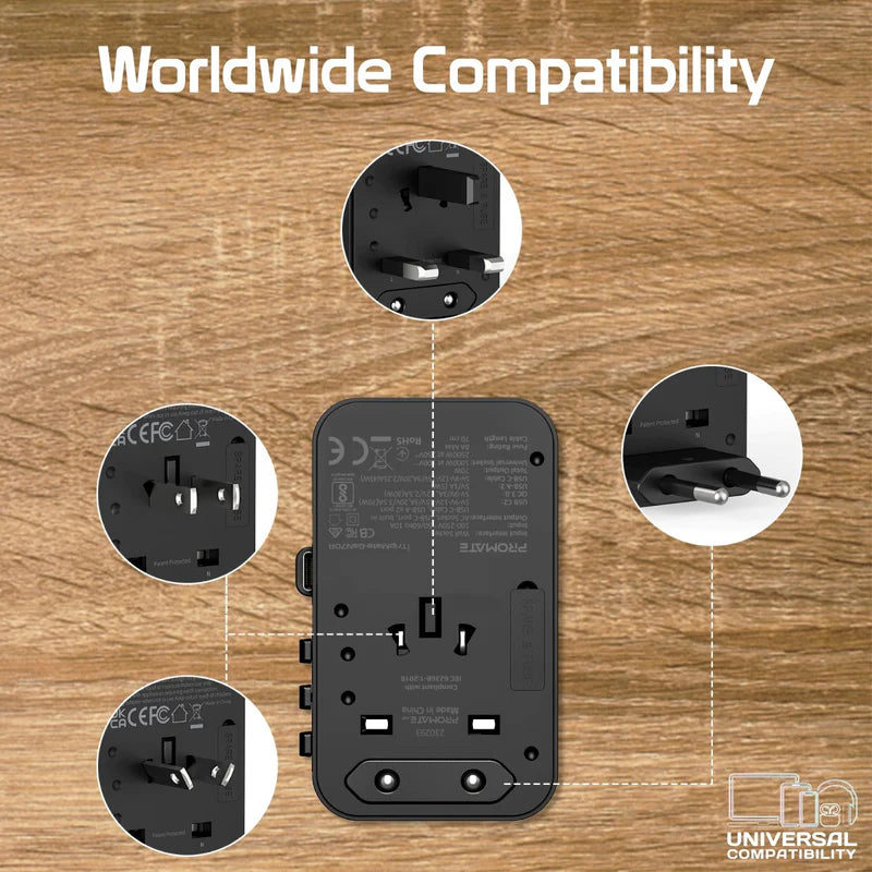Promate TripMate-GaN70R 70W GaN Travel Adapter with Retractable Built-in USB-C Cable