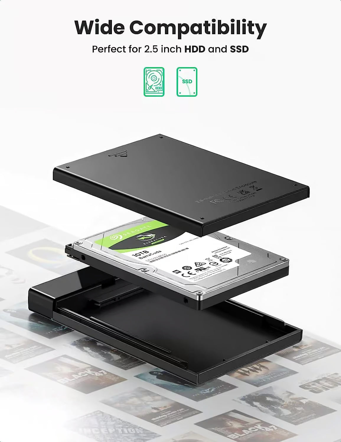UGREEN 60735 علبة هارد درايف USB 3.1 بحجم 2.5 بوصة – مع كابلات USB-A إلى USB-C و USB-C إلى USB-C
