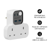 Momax Charge Work Flow T-Shaped Extension | 2 AC & 4 USB Ports -UK