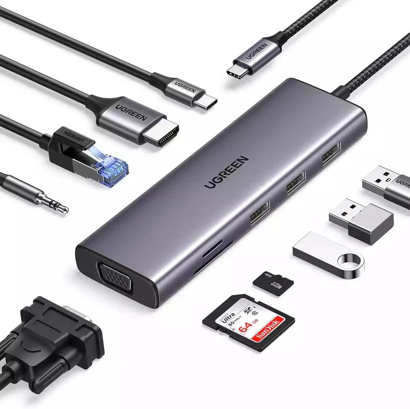 محول UGREEN USB-C شامل 9 في 1 مع HDMI/VGA/شبكة وصوت
