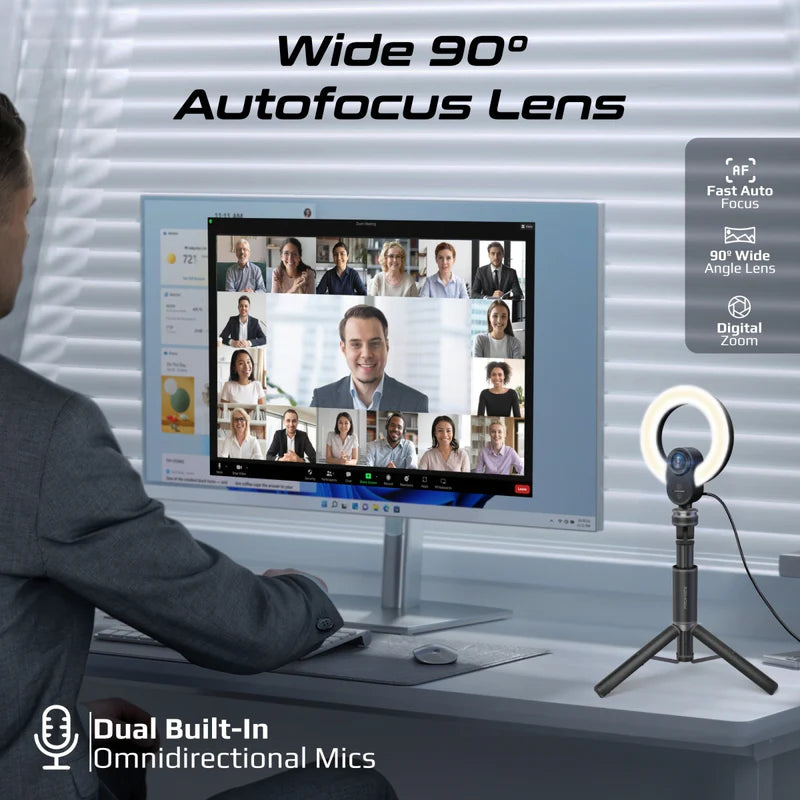 Promate VistaCam 2K Ultra-HD Webcam with Built-in Mic & Ring Light and detachable Tripod
