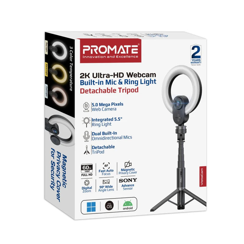 Promate VistaCam 2K Ultra-HD Webcam with Built-in Mic & Ring Light and detachable Tripod