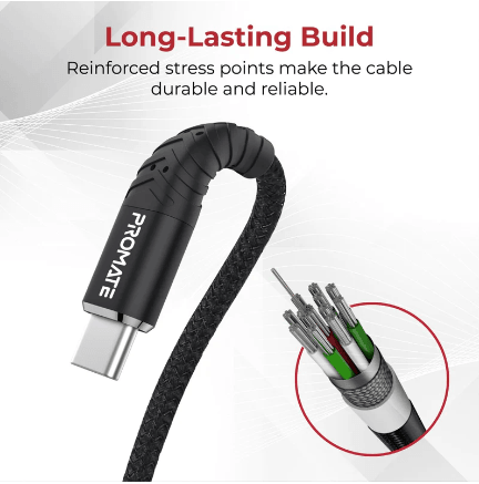 PROMATE Fabric Braided USB C Fast Charge & Sync Cable - Black