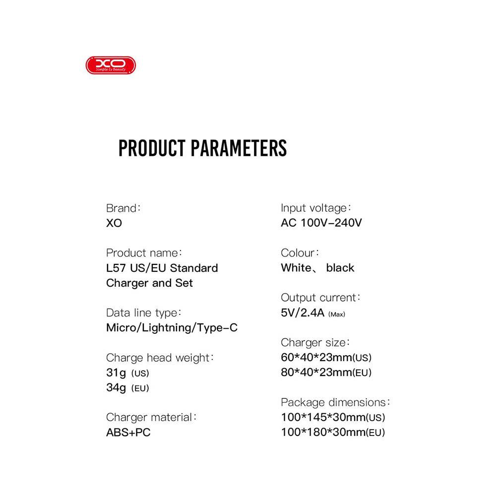 XO L57 EU dual-port charger 2.4A - Micro