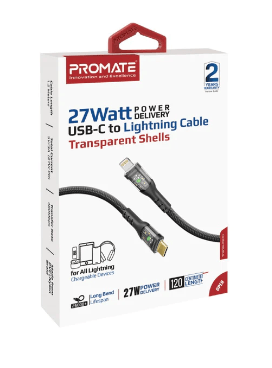 PROMATE TransLine Ci 27W Fast Charging USBC to Lightning Cable - Black & White