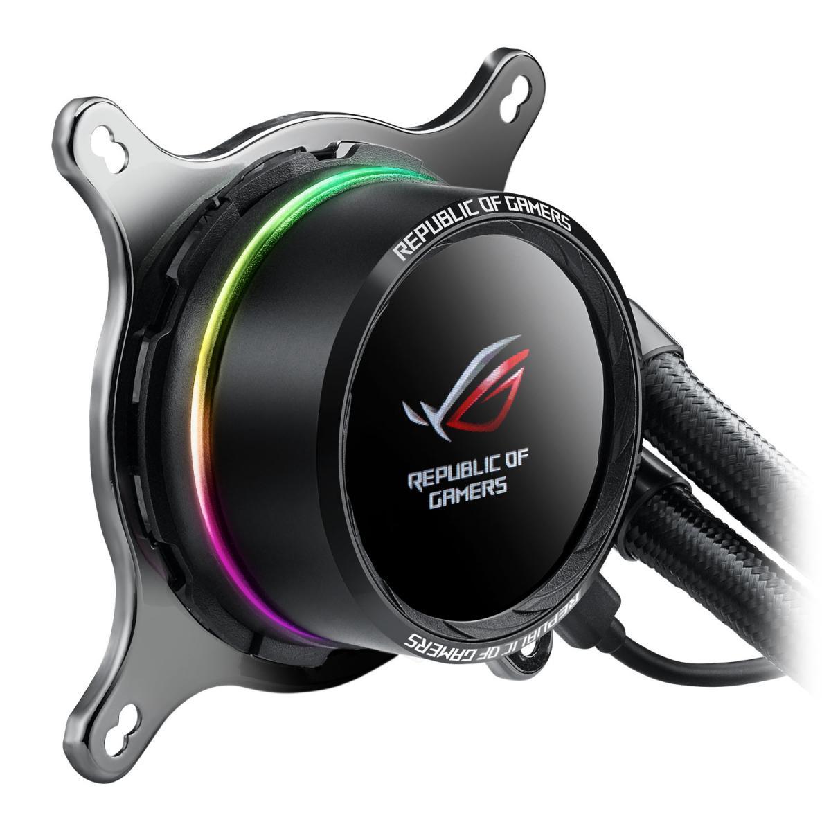 ASUS ROG Ryuo 120 all-in-one liquid CPU cooler with color OLED, Aura Sync RGB, and ROG 120mm radiator fan