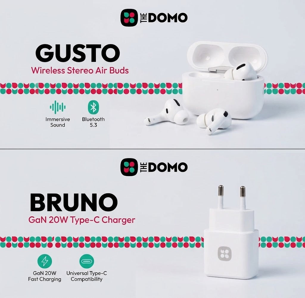 DOMO Bundle - GUSTO Wireless Air Buds + BRUNO GAN 20W Charger