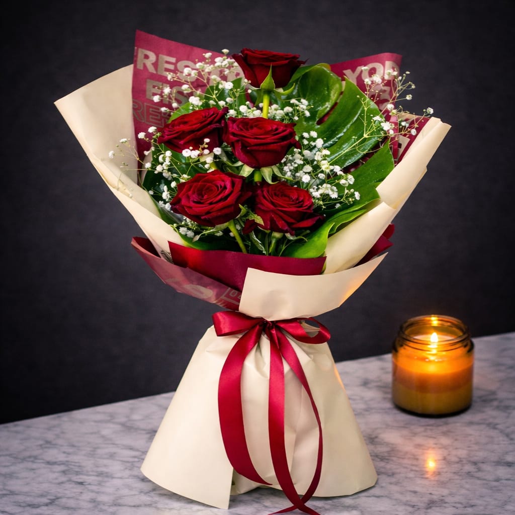 7 red roses bouquet with baby's breath wrapped in ivory and burgundy paper with red satin ribbon