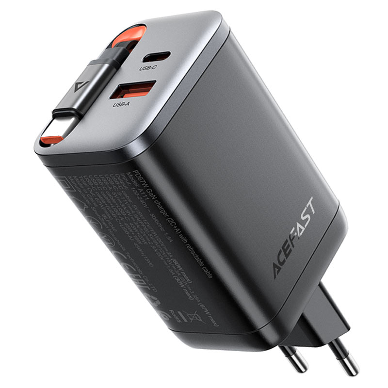 شاحن ACEFAST A111 GaN 67W مع كابل USB-C قابل للسحب