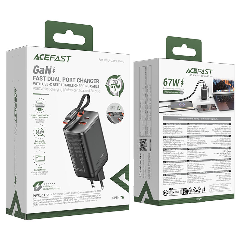 شاحن ACEFAST A111 GaN 67W مع كابل USB-C قابل للسحب