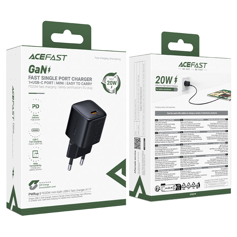 ACEFAST A117 GaN Wall Charger 20W PD – USB-C Fast Charging, EU Plug