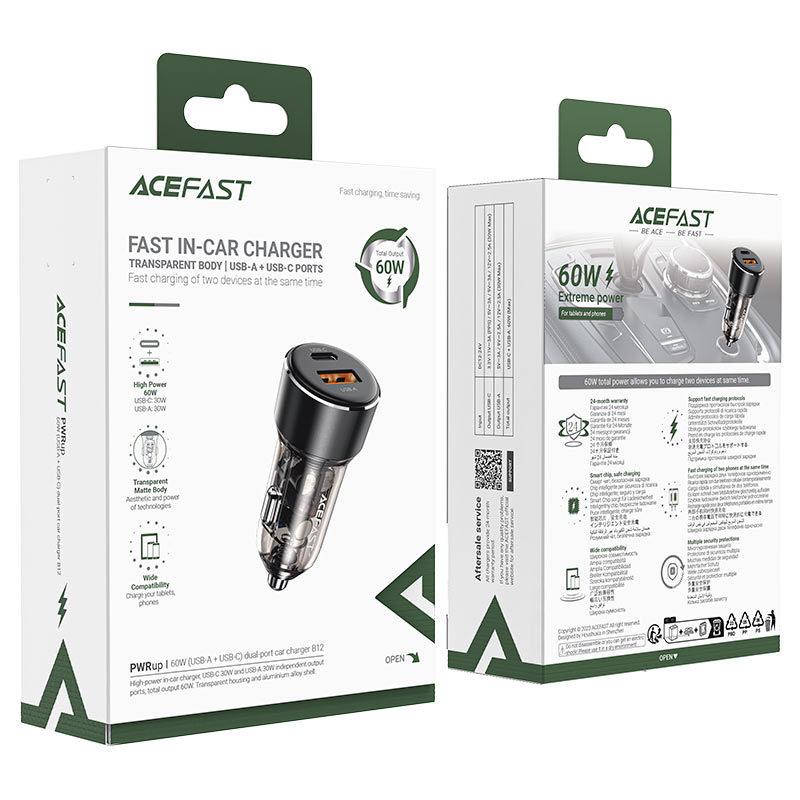ACEFAST B12 60W Fast Car Charger – USB-C + USB-A