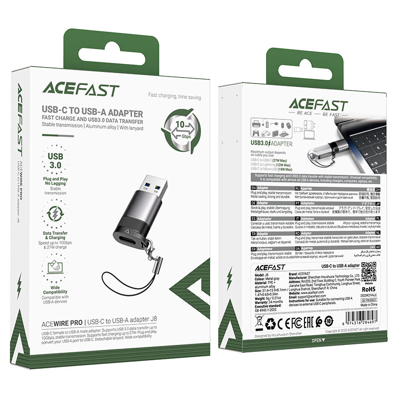 محول ACEFAST J8 USB-C إلى USB-A 10Gbps شحن 27W
