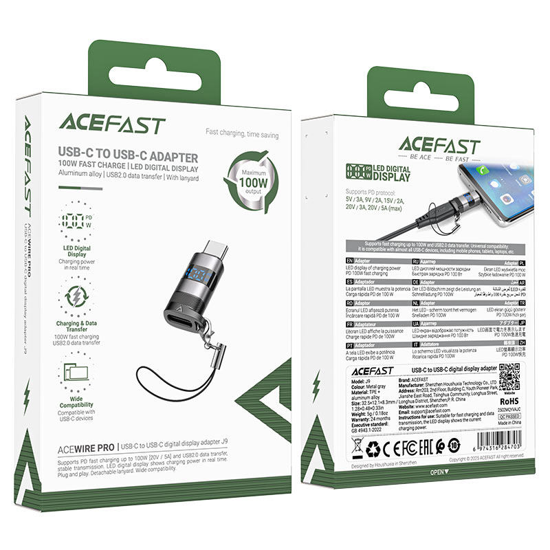 ACEFAST J9 USB-C to USB-C Adapter – 100W, Digital Display, Plug & Play