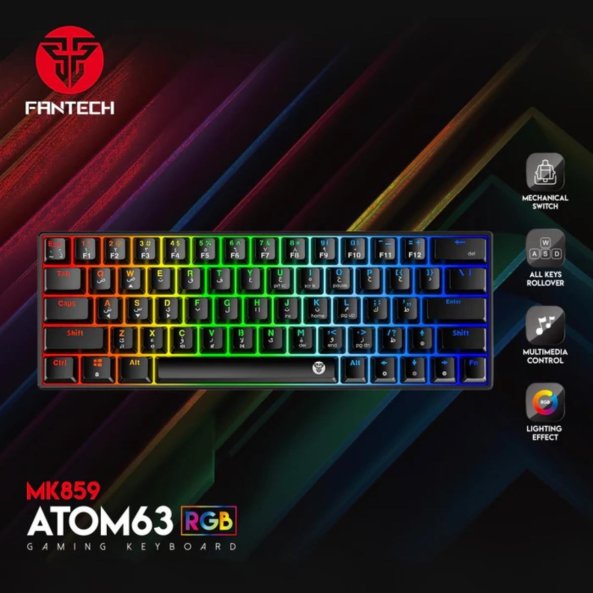 FANTECH WIRED RGB 60% Modular Mechanical Gaming Keyboard, Detachable Type-C Blue Switch-Black (عربي)