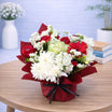 Paper rose base 14 - red gerbera and white chrysanthemum bouquet wrapped in burgundy paper with black ribbon