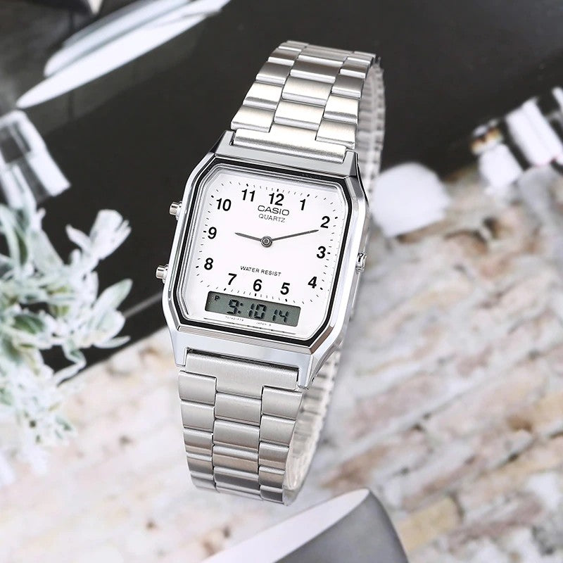 Casio AQ-230A-7B Vintage Series Analog Digital White Dial Stainless Steel Watch