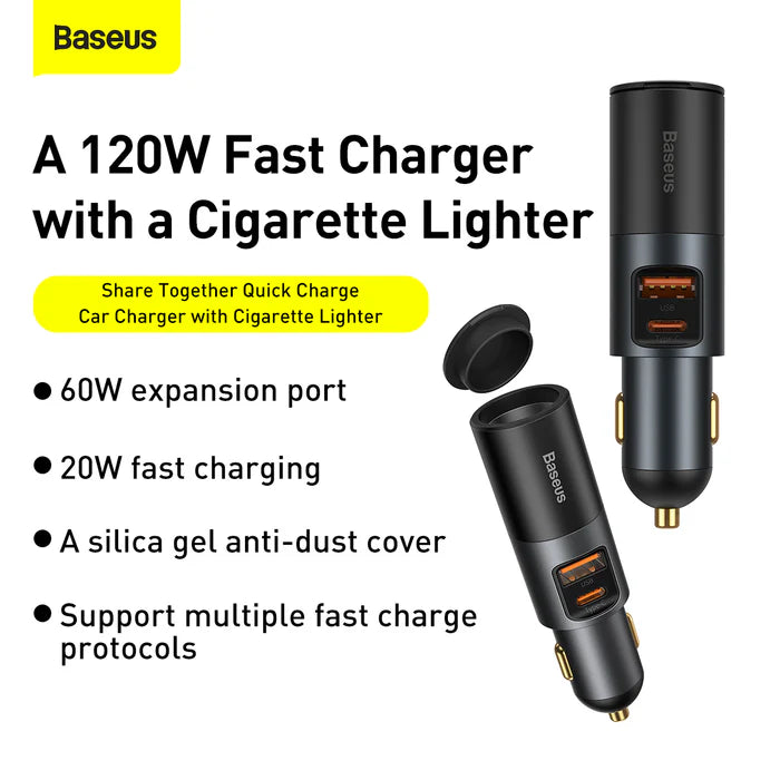 Baseus 120W Car Charger with USB Type-C and Cigarette Lighter Socket