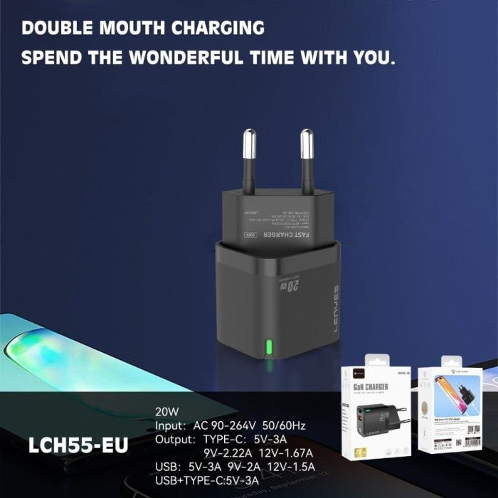 Lenyes GaN 20W Fast Charger with USB & Type-C Port