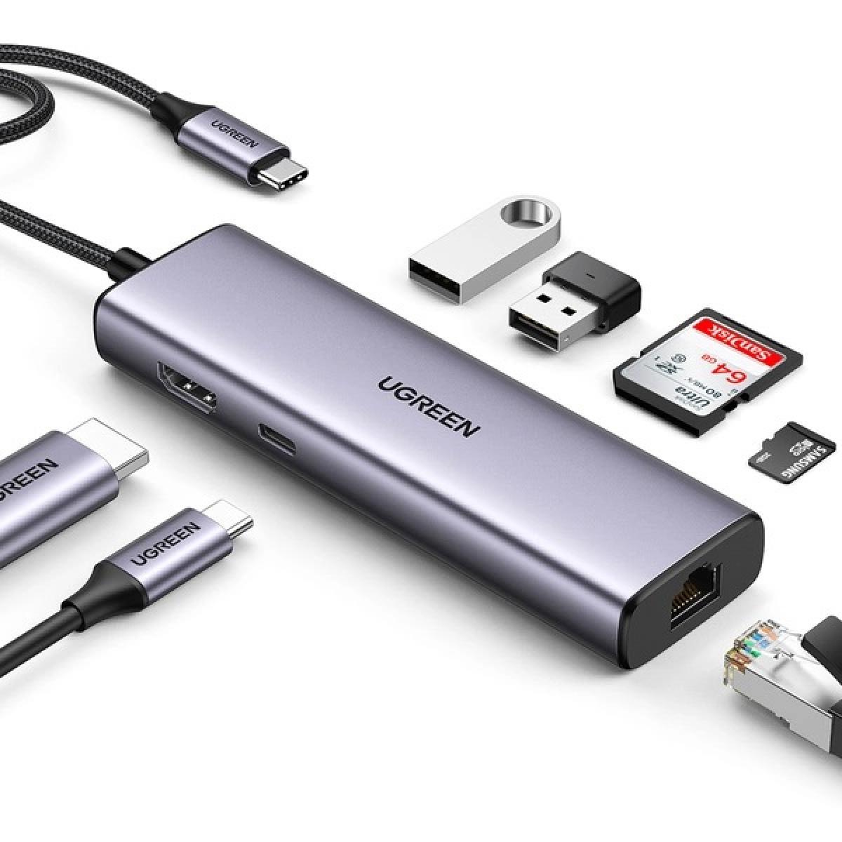 محول UGREEN 7 في 1 بمنفذ HDMI 4K وقارئ بطاقات وشحن PD