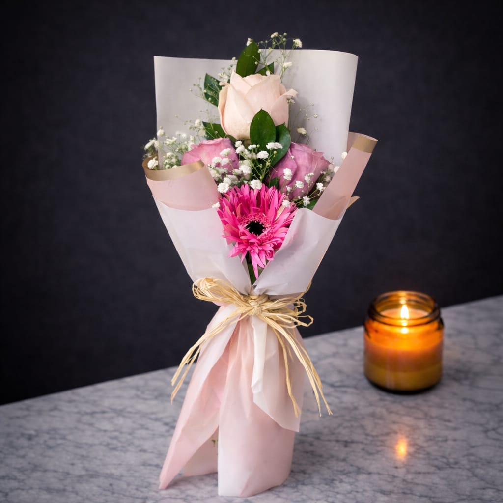 Mini rose and gerbera bouquet - blush pink rose, lavender rose and hot pink gerbera with baby's breath wrapped in white and pink tissue paper