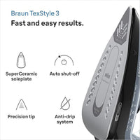 Braun TexStyle 3 Steam Iron 2400W 270ml FreeGlide 3D SuperCeramic Soleplate Auto Shut-Off – Black (SI3055BK)