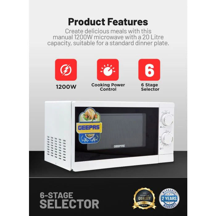 Geepas 20L Microwave Oven 1200W - 6 Power Levels, Defrost Function - White