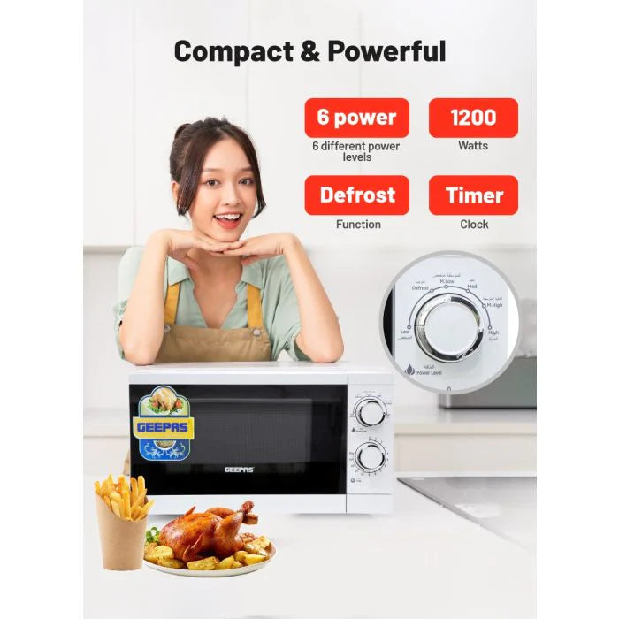 Geepas 20L Microwave Oven 1200W - 6 Power Levels, Defrost Function - White