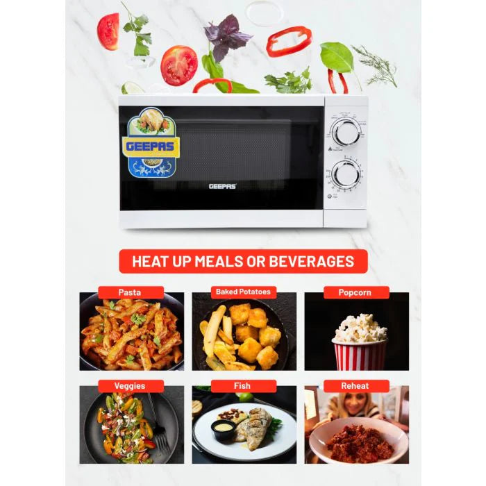 Geepas 20L Microwave Oven 1200W - 6 Power Levels, Defrost Function - White