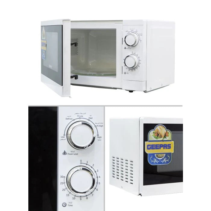 Geepas 20L Microwave Oven 1200W - 6 Power Levels, Defrost Function - White