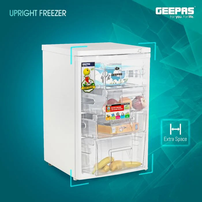 فريزر قائم Geepas 120 لتر – 4 أدراج، ضاغط استوائي