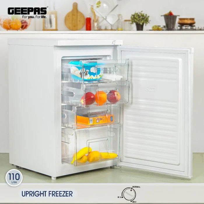 فريزر قائم Geepas 120 لتر – 4 أدراج، ضاغط استوائي
