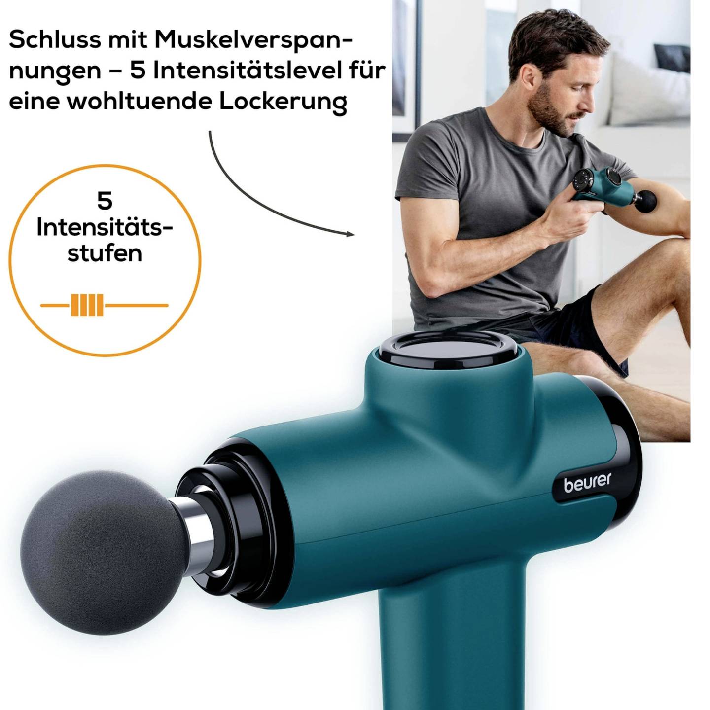 Beurer Compact Massage Gun - 5 Speeds, 4 Attachments