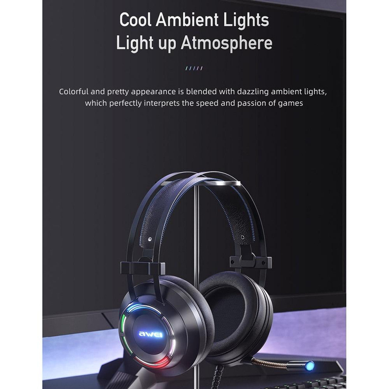 Awei USB + 3.5mm Ambient Light Gaming Wired Headset with Microphone - Black