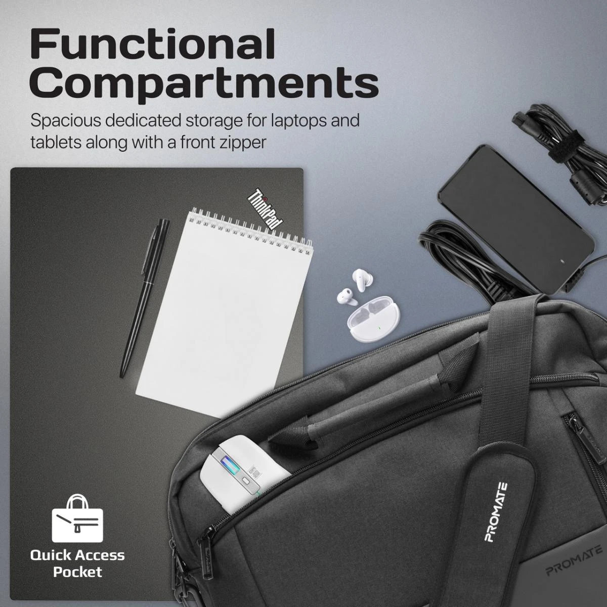 Promate Satchel-MB 15.6-Inch Laptop Bag, Messenger Bag with Large Compartments - Black