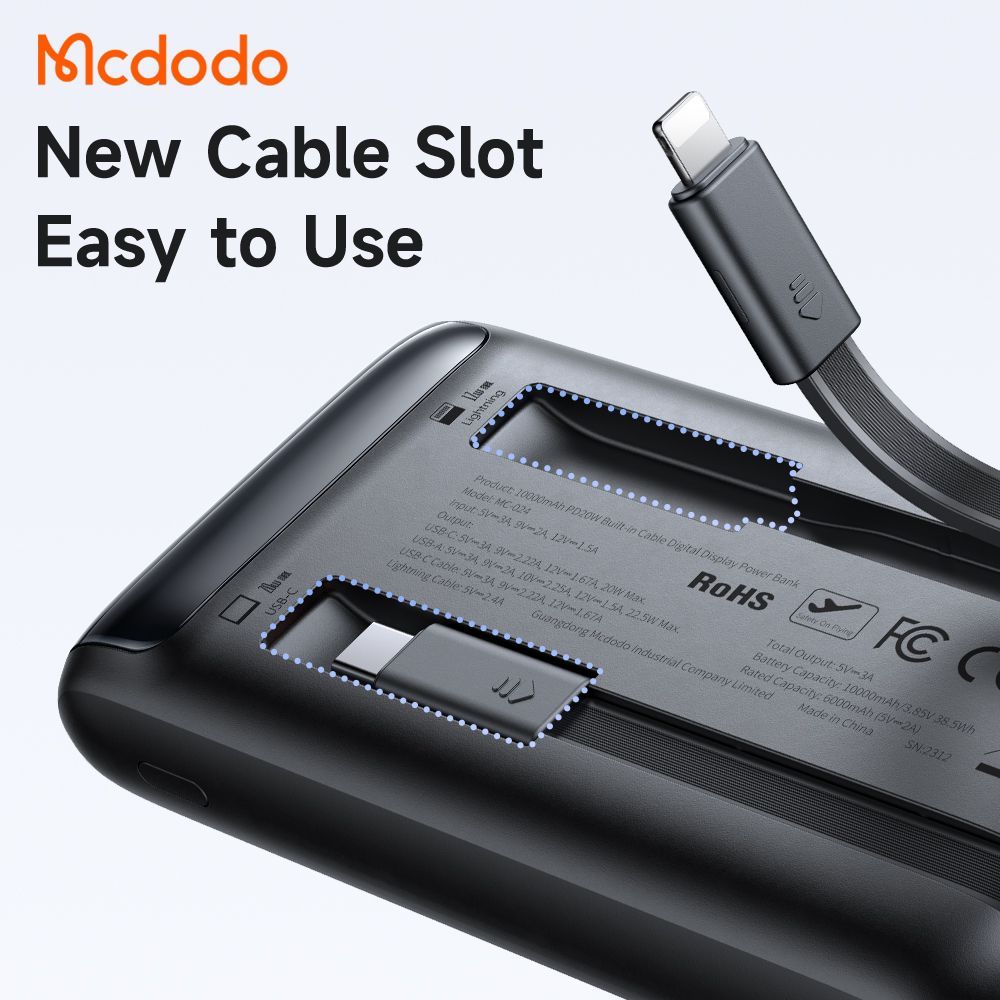 Mcdodo 10000mAh 33W Power Bank with Built in Cables Digital Display - Black