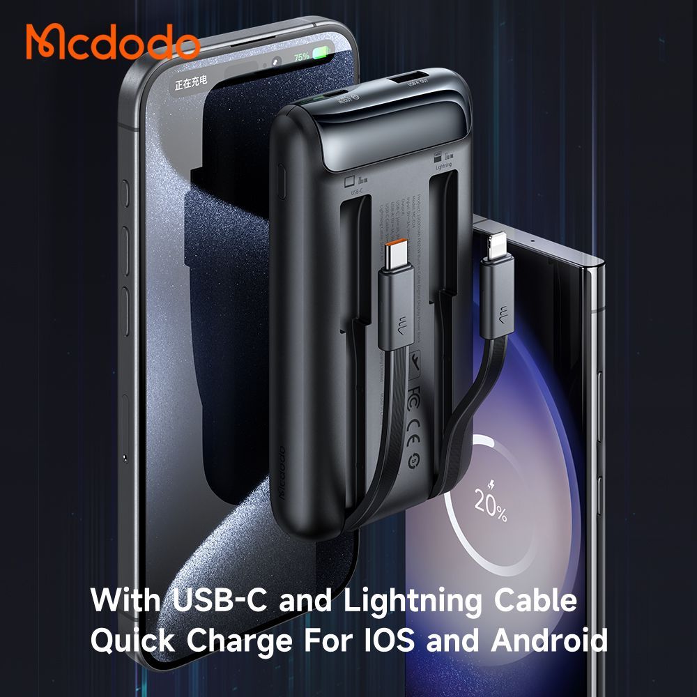 Mcdodo 10000mAh 33W Power Bank with Built in Cables Digital Display - Black