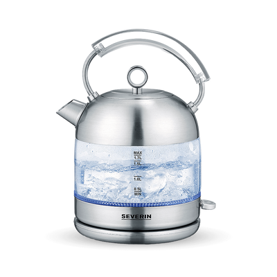 Severin Retro Glass Kettle – 2400W, 1.7L, Elegant Blue Light