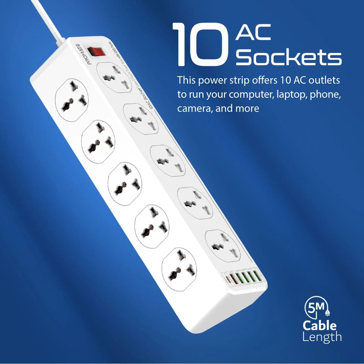 Promate PowerMatrix-5M 10AC Socket Space Efficient Power Strip