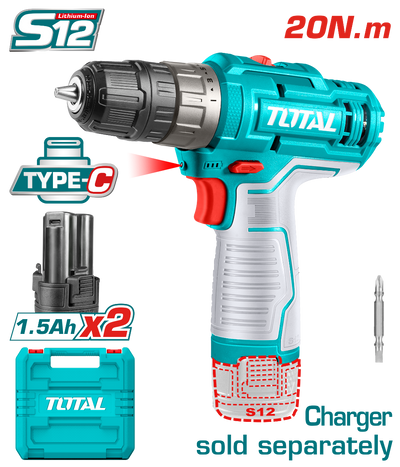 TOTAL 12V Cordless Drill - 20Nm Torque 2 Batteries No Charger