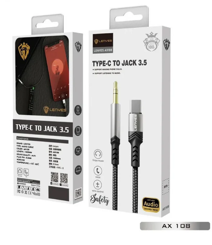 Lenyes AX108 – كابل صوت Type-C إلى AUX 3.5mm عالي الجودة
