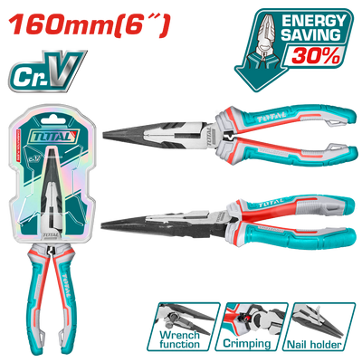 TOTAL 6″ High Leverage Long Nose Pliers Cr-V Grip
