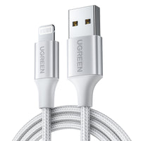 كابل UGREEN من USB-A إلى Lightning بتيار أقصى 2.4 أمبير، أبيض فضي، 1 متر
