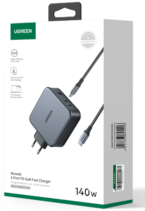 UGREEN USB-A+2*USB-C 140W GaN Tech Fast Charger with C to C Cable 1.5M EU Grey - 90549