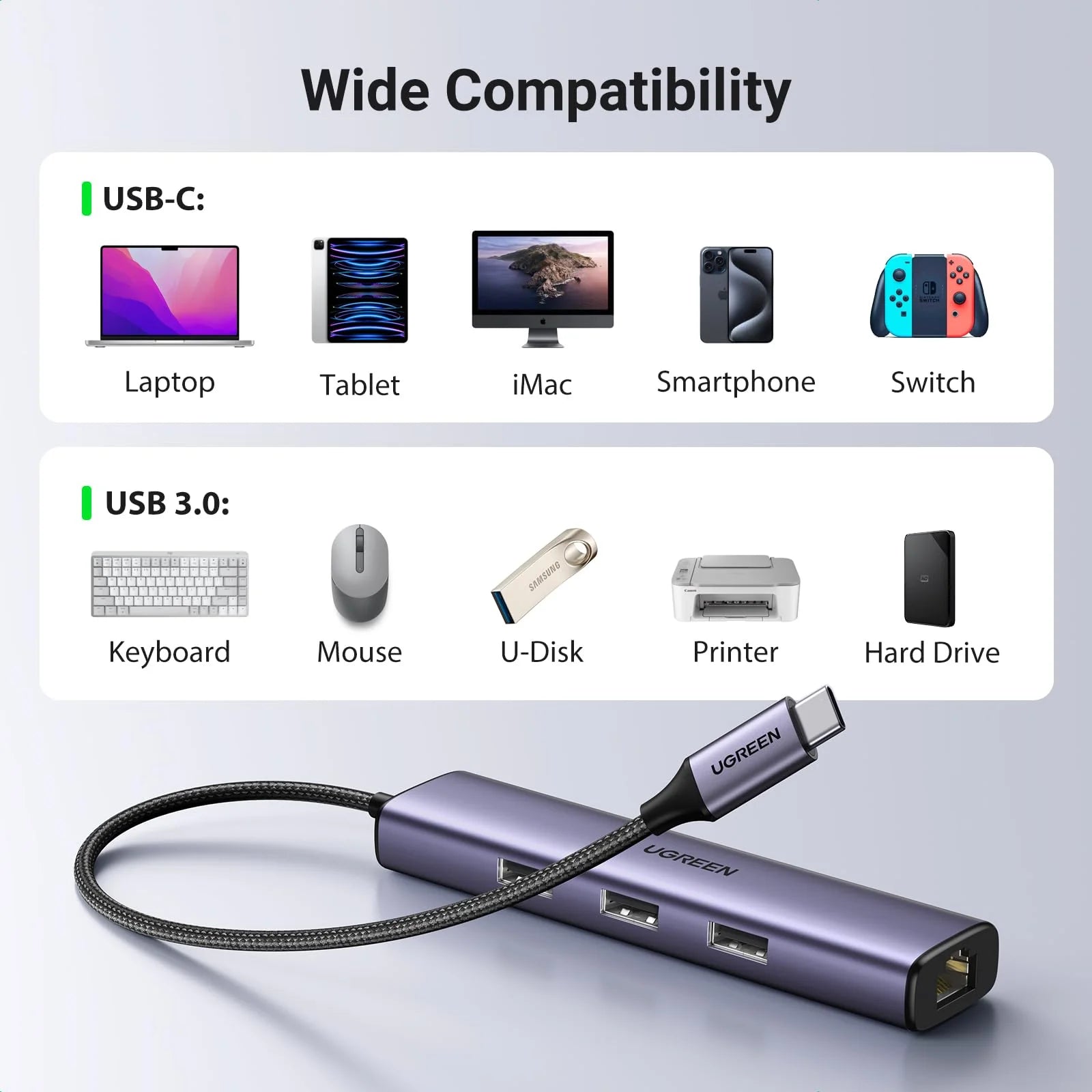 UGREEN USB C to Ethernet Adapter with 3 USB 3.0 Ports