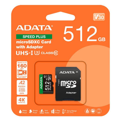 ADATA 512GB V30 A2 SPEED PLUS MicroSDXC UHS-I U3 Class 10 Card